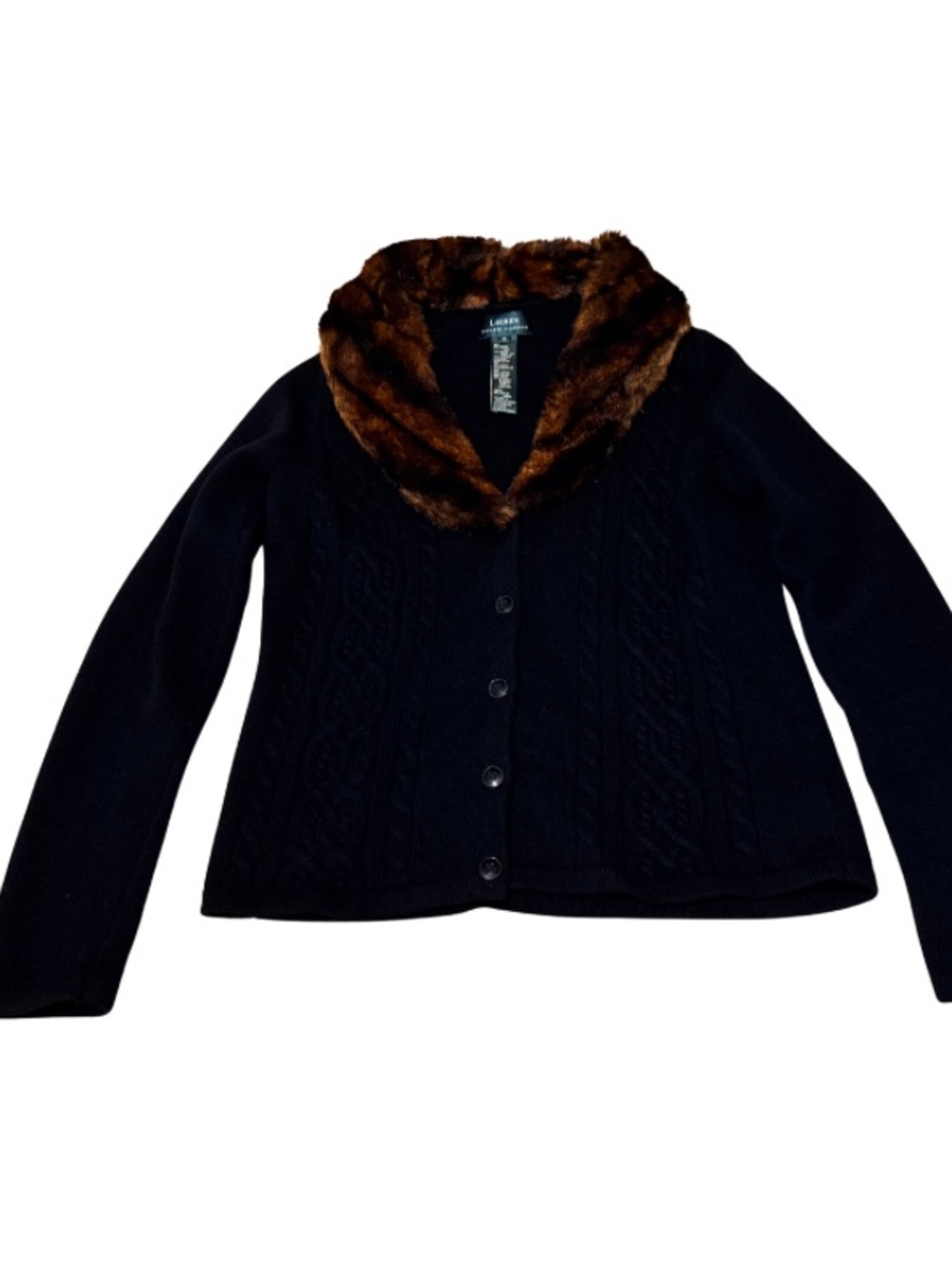 Lauren Ralph Lauren Brown Faux Fur Collar Cable Knit Cardigan - Picture 5 of 10